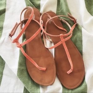 Orange Pebbled Leather T-Strap Buckle Sandals